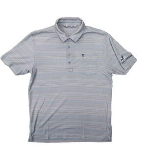 Travis‎ Mathew Men's Golf Polo Grey Stripe size Medium Kelly Plantation Logo